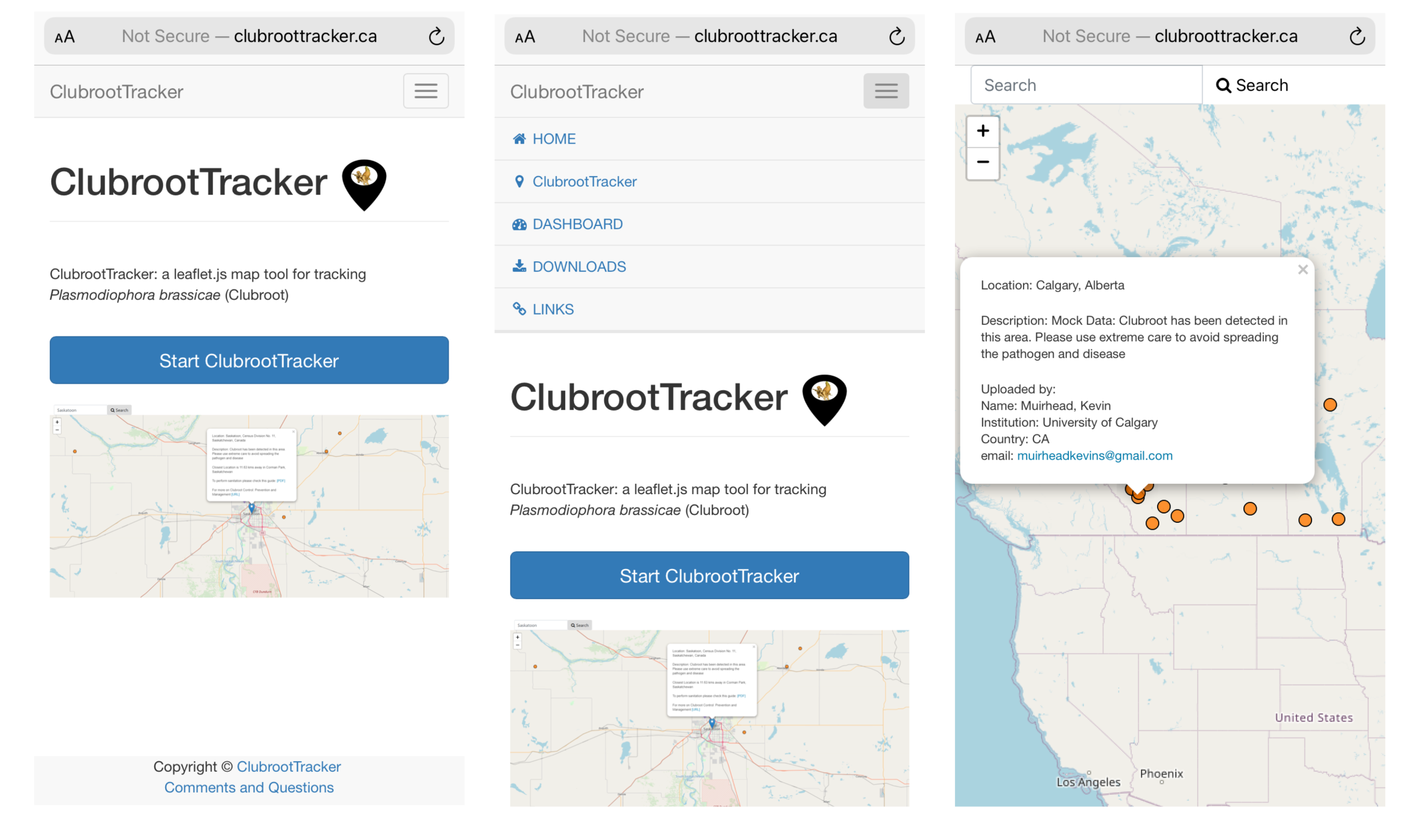 Screenshots of the ClubrootTracker tool showing the start page, menu and a selected location